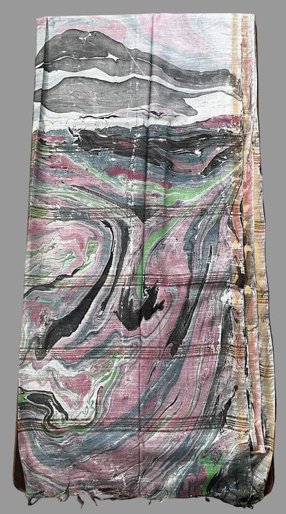 Semi Chanderi Cotton Saree - Marble Print - Pink