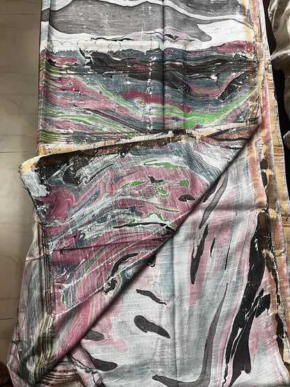Semi Chanderi Cotton Saree - Marble Print - Pink