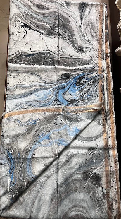 Semi Chanderi Cotton Saree - Marble Print - Blue