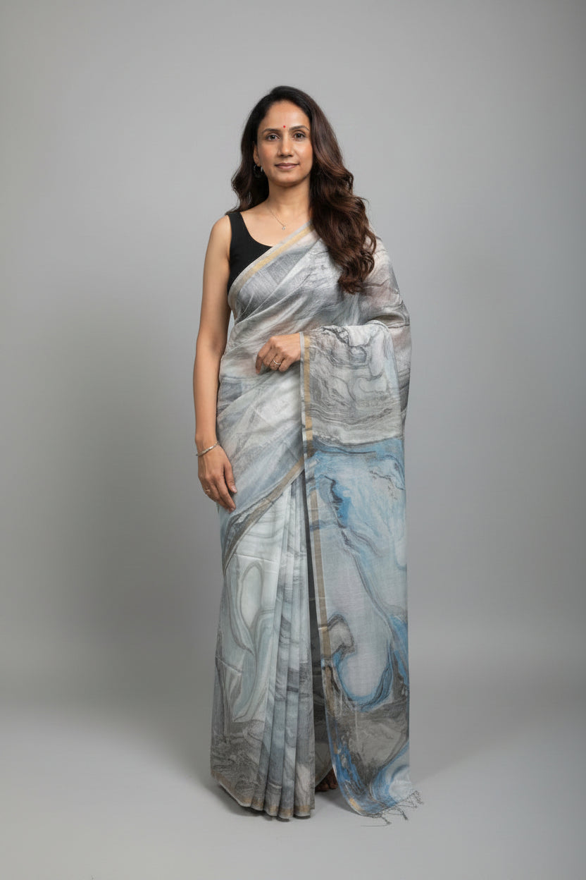 Semi Chanderi Cotton Saree - Marble Print - Blue