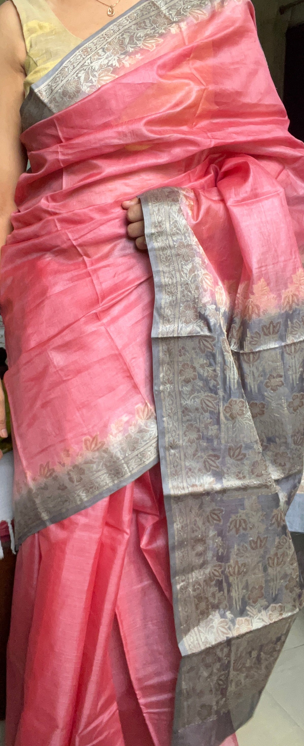 Pure Silk Mill Tussar Saree - Pink with Grey Palla