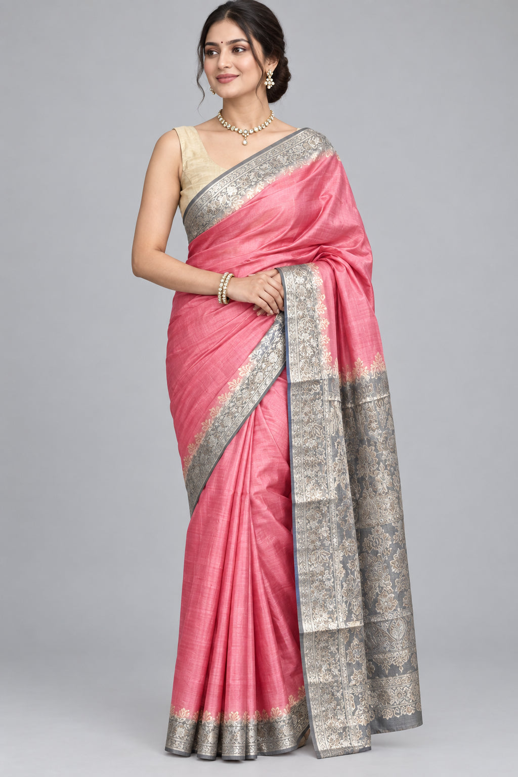 Pure Silk Mill Tussar Saree - Pink with Grey Palla