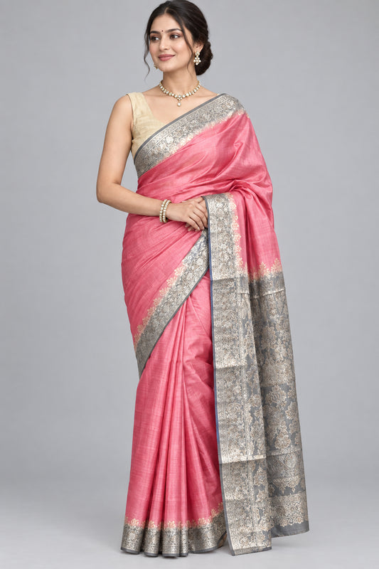 Pure Silk Mill Tussar Saree - Pink with Grey Palla