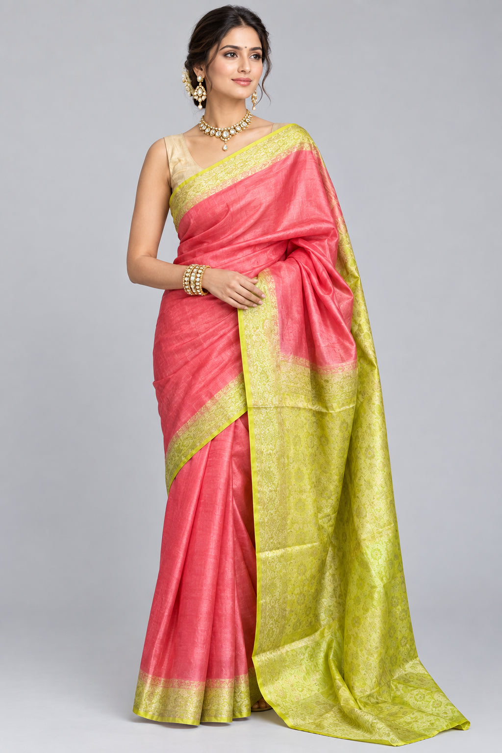 Pure Silk Mill Tussar Saree - Pink with Green Palla
