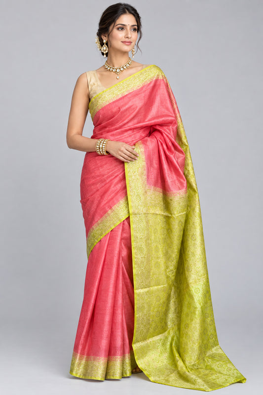 Pure Silk Mill Tussar Saree - Pink with Green Palla