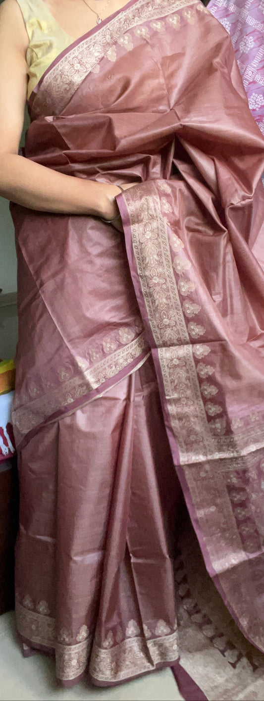 Pure Silk Mill Tussar Saree - Dusty Rose