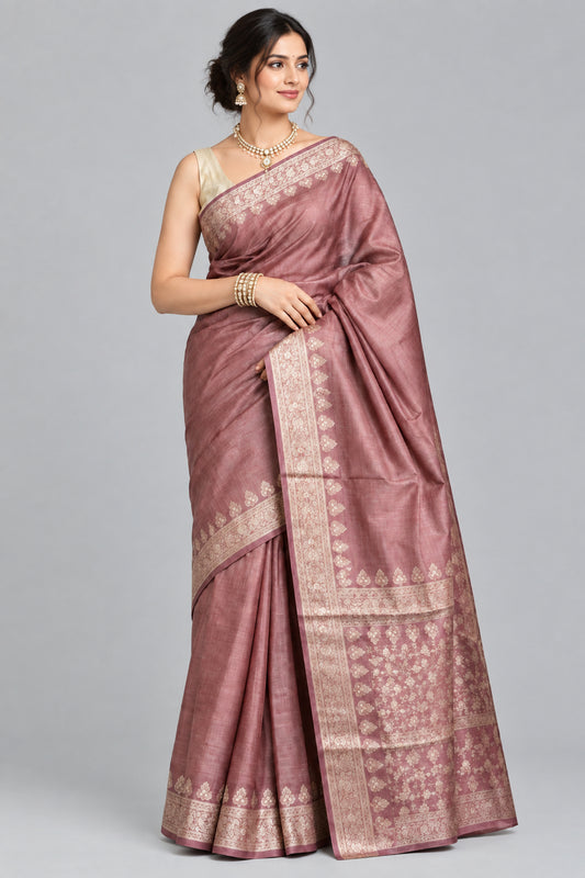 Pure Silk Mill Tussar Saree - Dusty Rose
