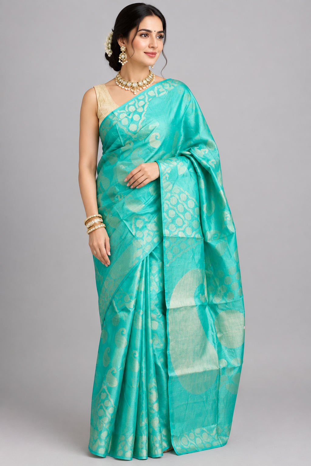 Pure Silk Mill Tussar Saree - Cyan