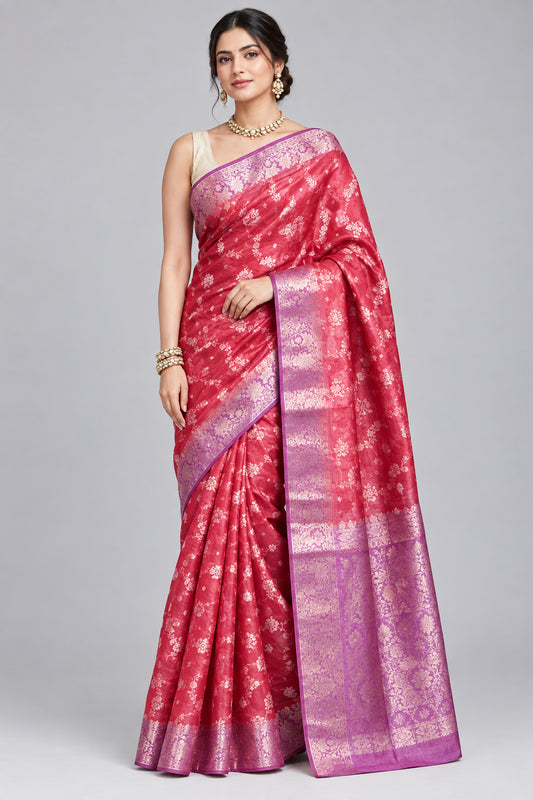 Pure Silk Mill Tussar Saree - Red Banarasi