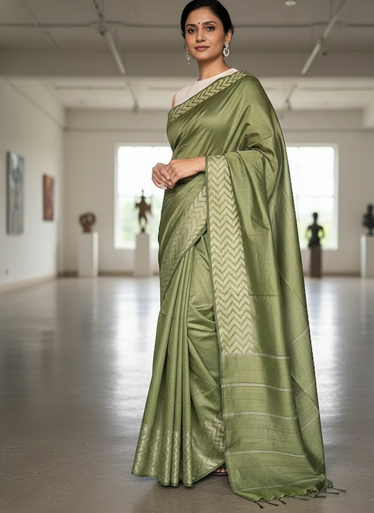 Cotton Silk Olive Saree with Zig Zag Border