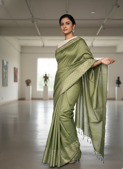Cotton Silk Olive Saree with Zig Zag Border