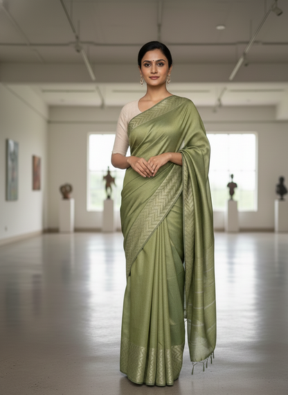 Cotton Silk Olive Saree with Zig Zag Border