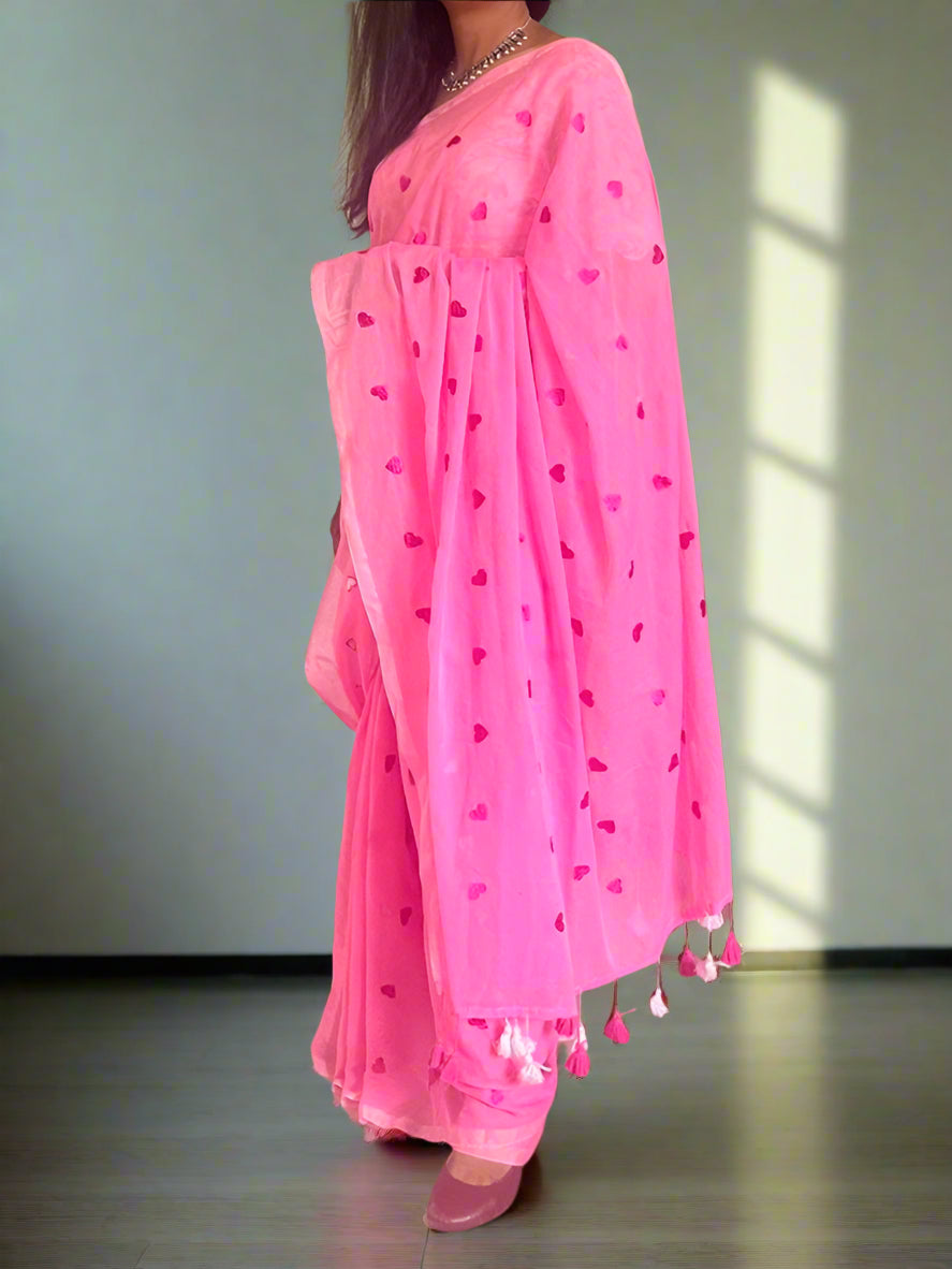 Pure Mulmul Cotton Saree with Embroidered Hearts - Pink