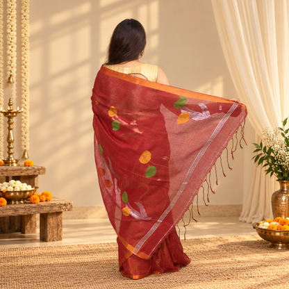 Red Floral Linen Tissue Handloom Saree