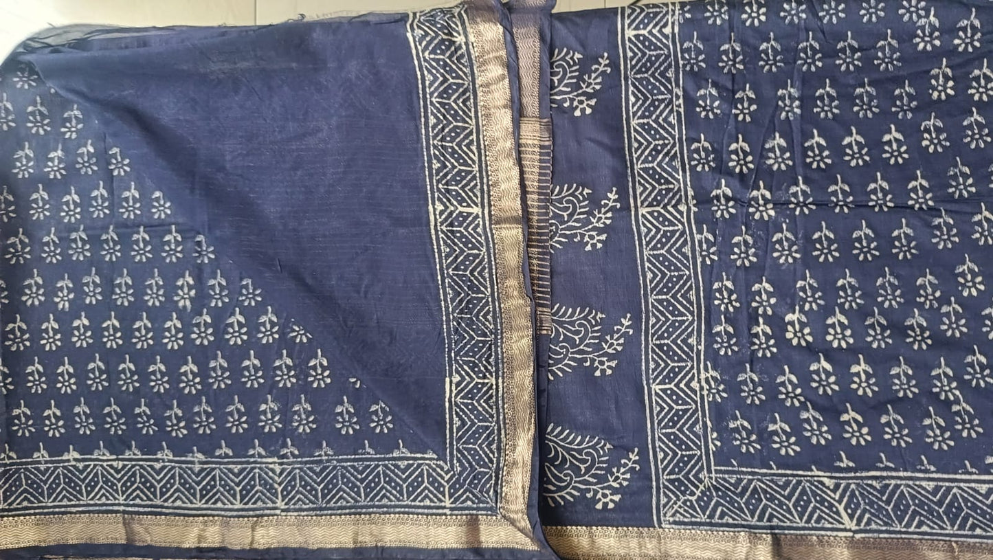 Art Silk Maheshwari Hand Block Print Saree - Navy Blue