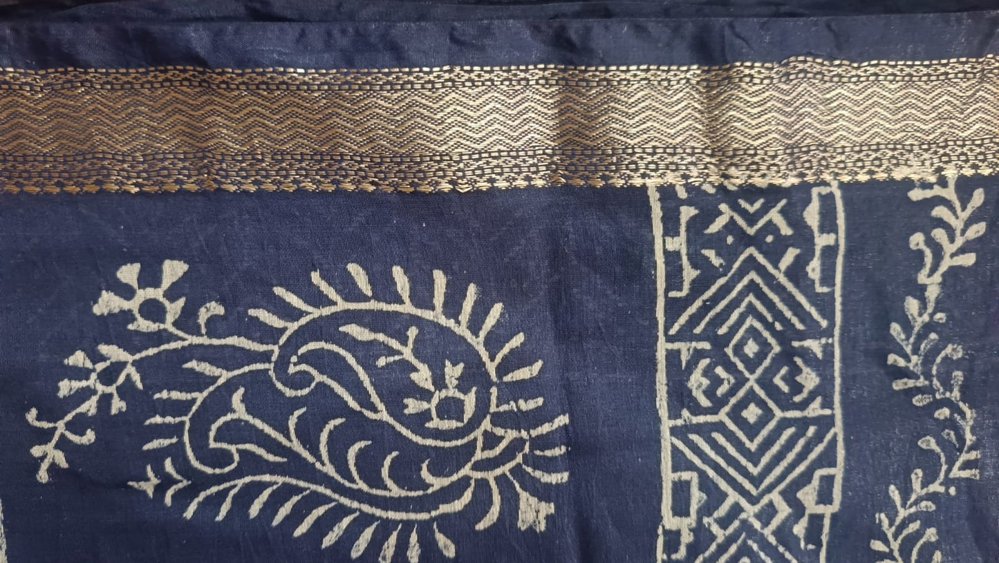Art Silk Maheshwari Hand Block Print Saree - Navy Blue