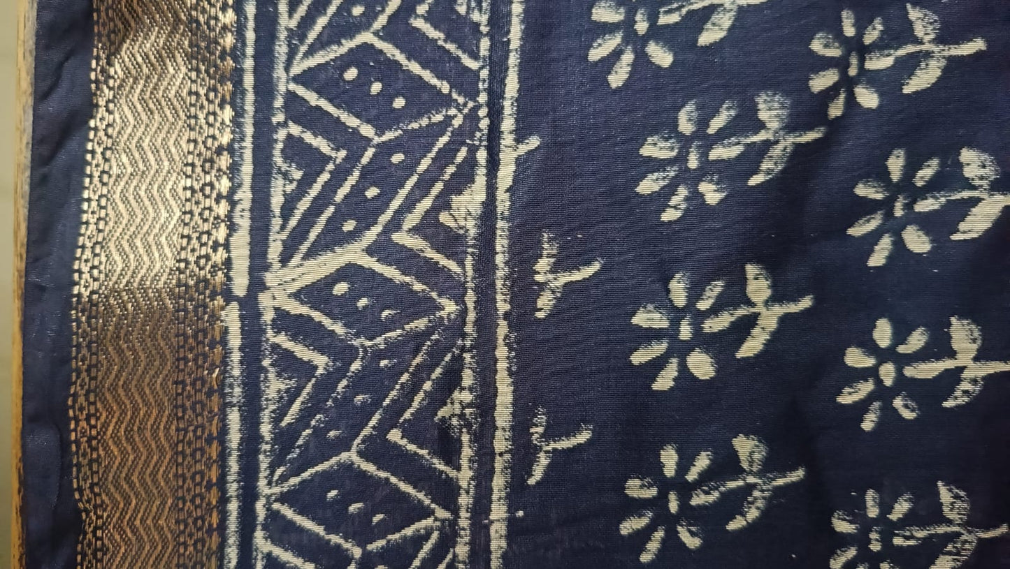 Art Silk Maheshwari Hand Block Print Saree - Navy Blue