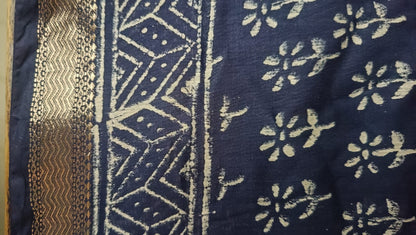 Art Silk Maheshwari Hand Block Print Saree - Navy Blue