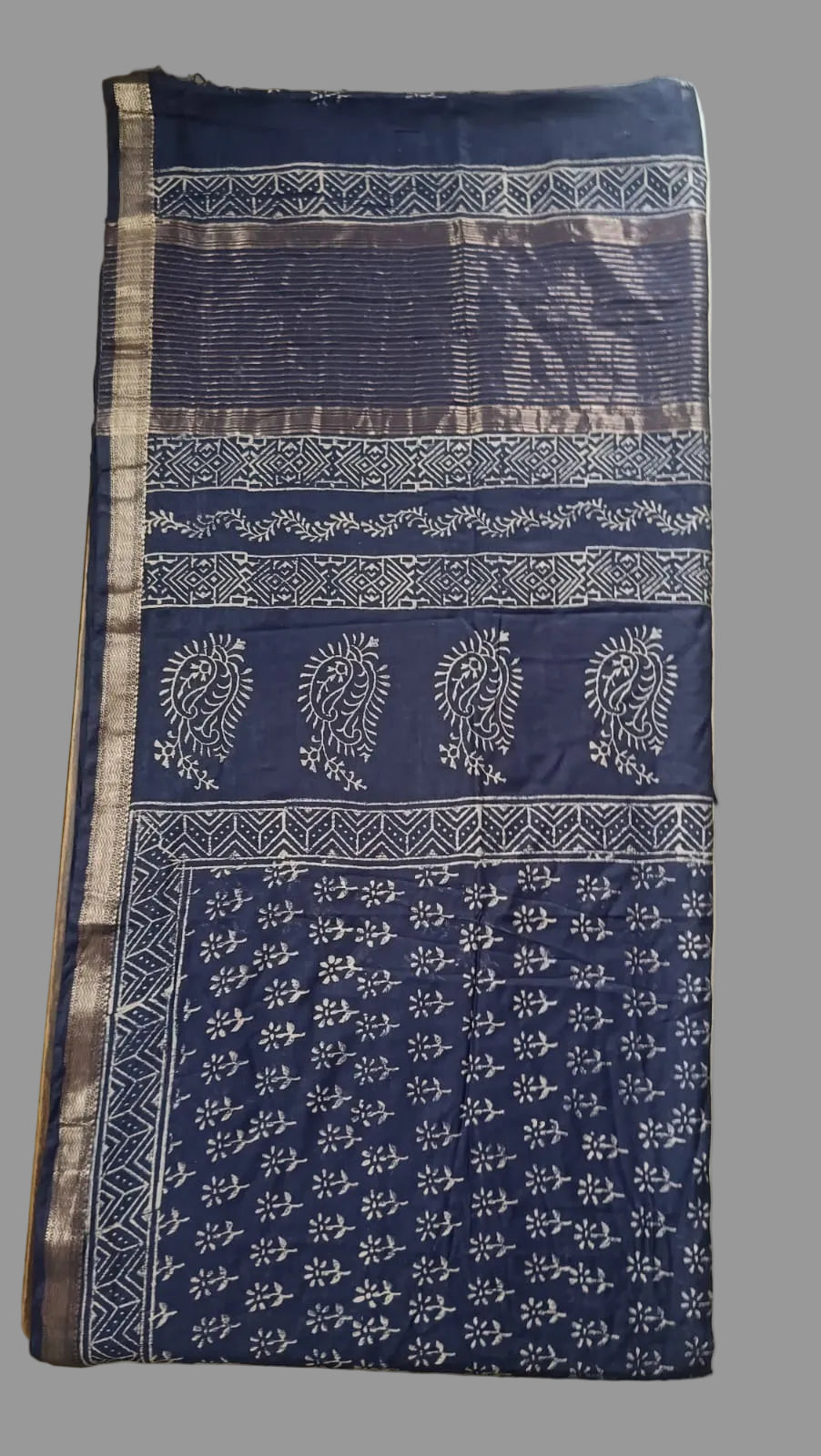 Art Silk Maheshwari Hand Block Print Saree - Navy Blue