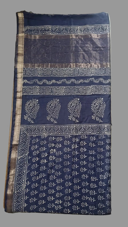 Art Silk Maheshwari Hand Block Print Saree - Navy Blue