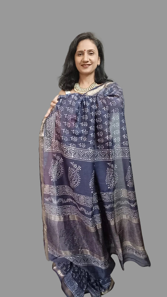 Art Silk Maheshwari Hand Block Print Saree - Navy Blue