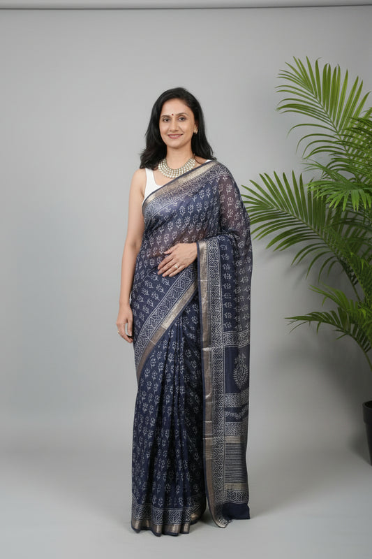 Art Silk Maheshwari Hand Block Print Saree - Navy Blue