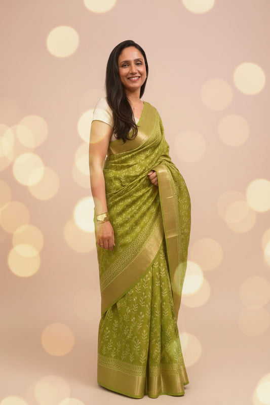 Art Silk Maheshwari Hand Block Print Saree - Light Green