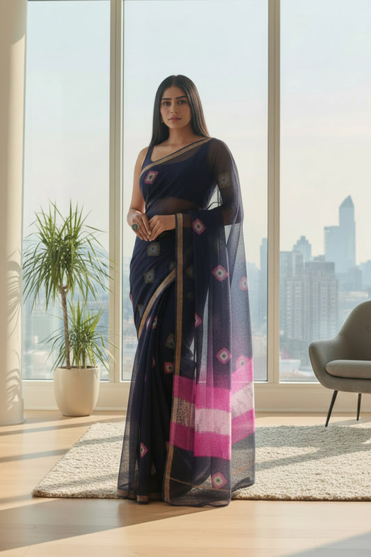 Kota Doriya Bandhni Saree - Navy Blue