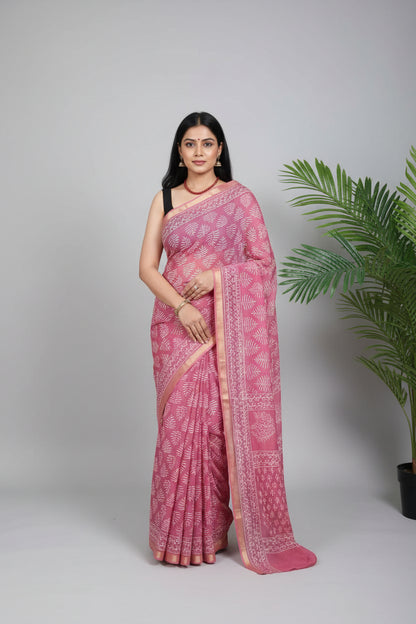Cotton Jari Border Block Print Saree - Pink