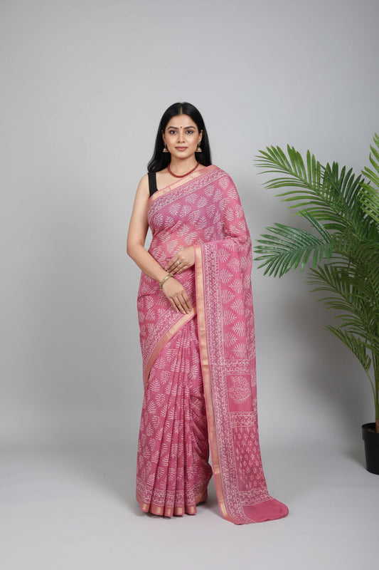 Cotton Jari Border Block Print Saree - Pink