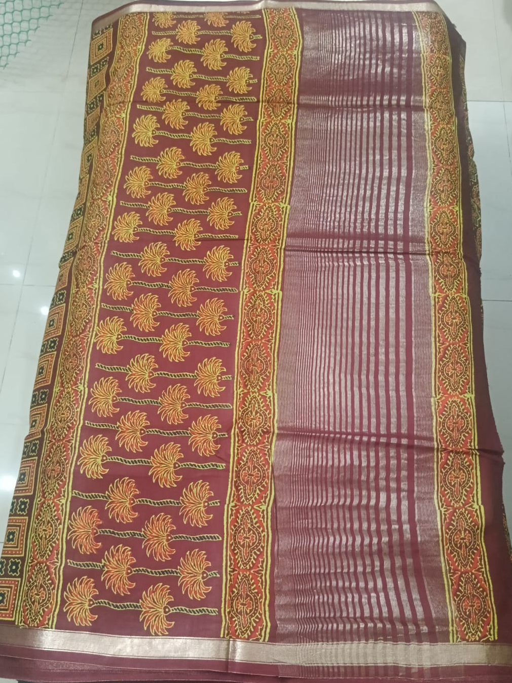 Art Silk Crepe Naphthol Block Print Saree - Deep Red