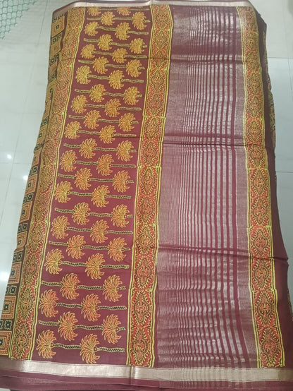 Art Silk Crepe Naphthol Block Print Saree - Deep Red