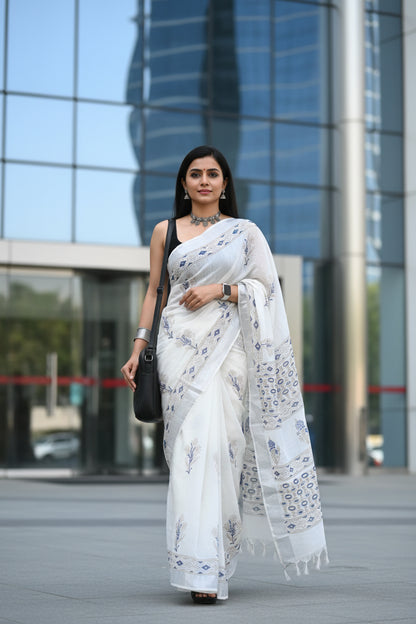 Linen Cotton Hand Block Printed Saree - White with Golden and Blue Print