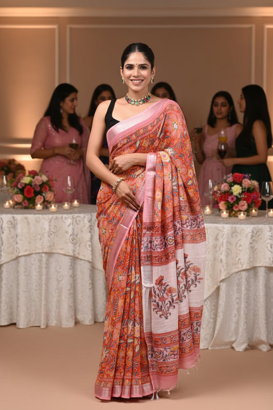 Linen Cotton Hand Block Printed Saree - Sanganeri Orange
