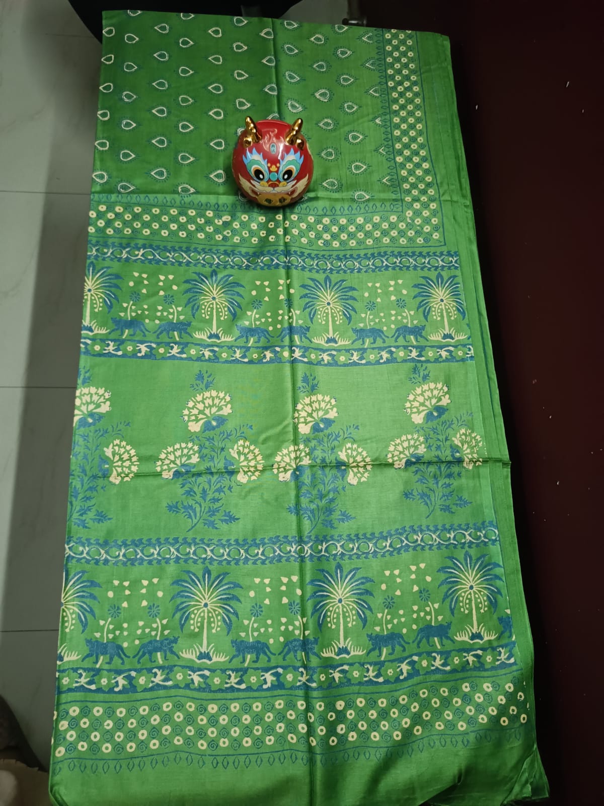 Modal Muslin Double Block Print Saree - Green