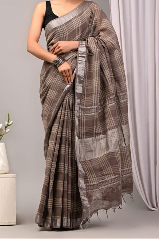 Pure Linen Hand Block Printed Saree - Brown Chequered