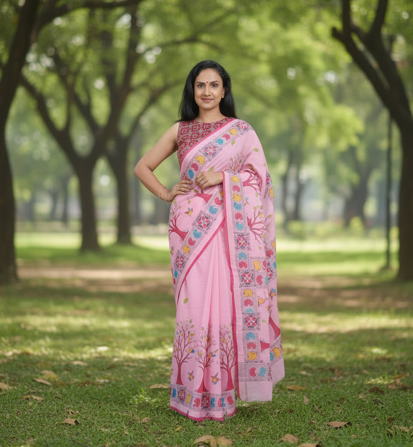 Mulmul Hand Painted Saree - Pink
