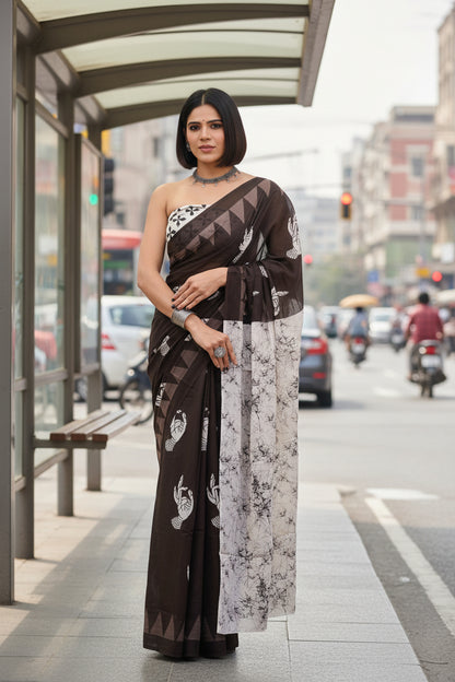 Pure Mulmul Cotton Saree - Hand Block Printed - Coca Cola