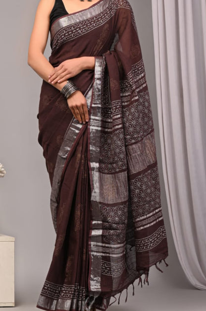 Pure Linen Hand Block Printed Saree - Chocolate