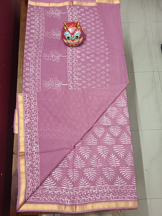 Cotton Jari Border Block Print Sarees - Dark Pink