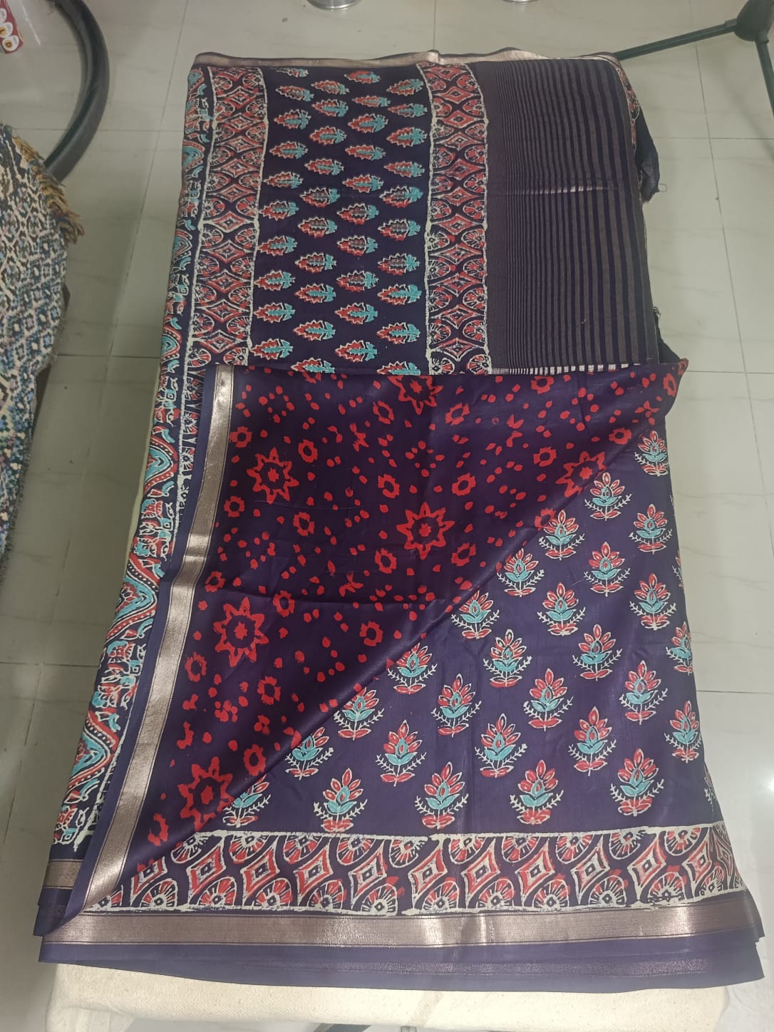 Art Silk Crepe Naphthol Block Print Saree -  Deep Blue