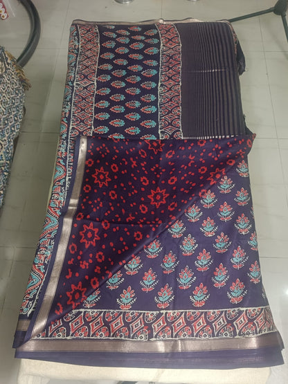 Art Silk Crepe Naphthol Block Print Saree -  Deep Blue