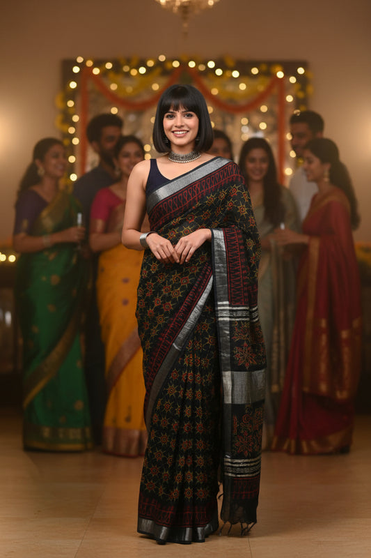 Linen Cotton Hand Block Printed Saree - Dark Green
