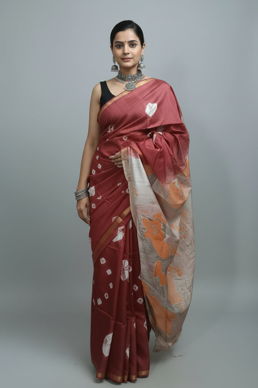 Semi Chanderi Cotton Saree - Bandhni Marble Palla - Maroon