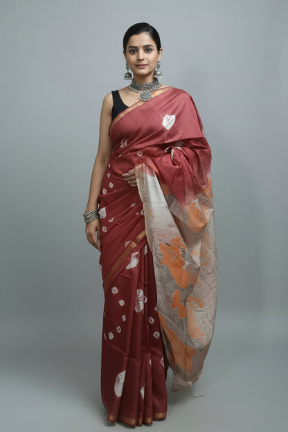 Semi Chanderi Cotton Saree - Bandhni Marble Palla - Maroon