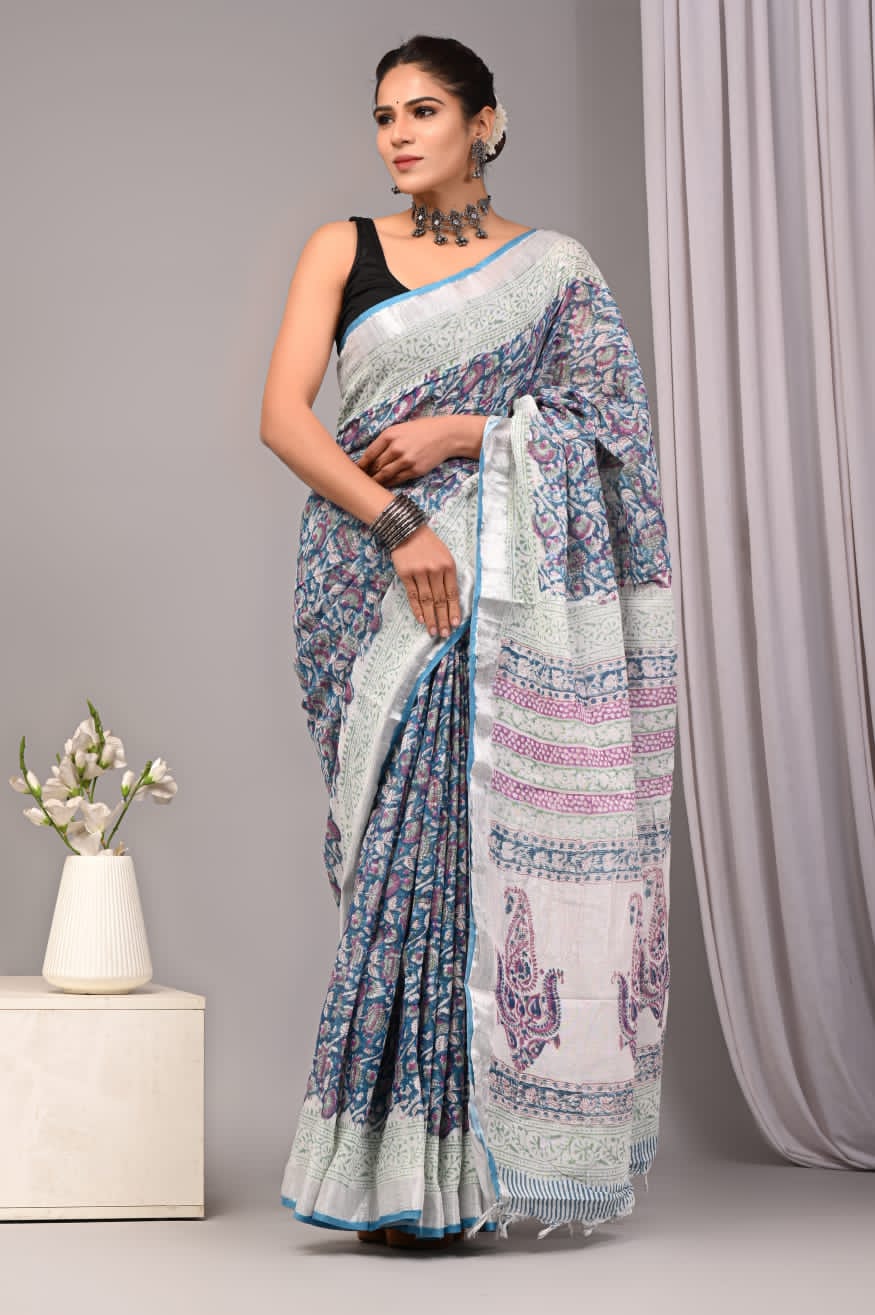 Linen Cotton Hand Block Printed Saree - Sanganeri Teal