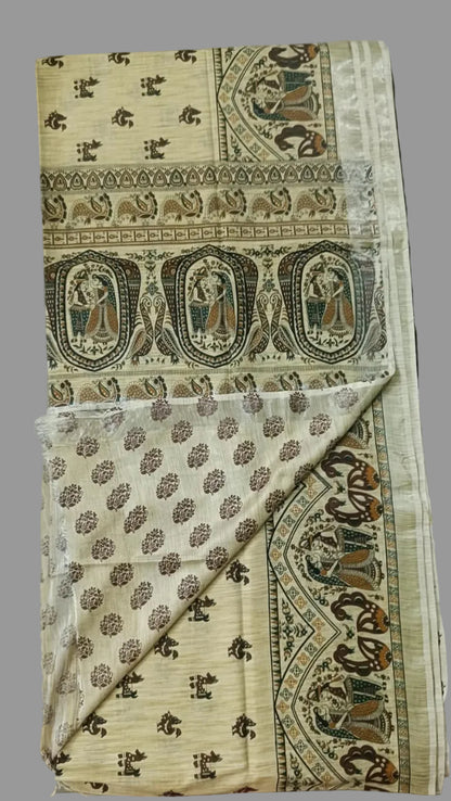 Khadi Cotton Saree - Madhubani Print - Radha Krishna