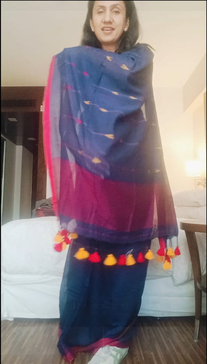 Bengal Cotton Jamdani Booti Saree - Blue