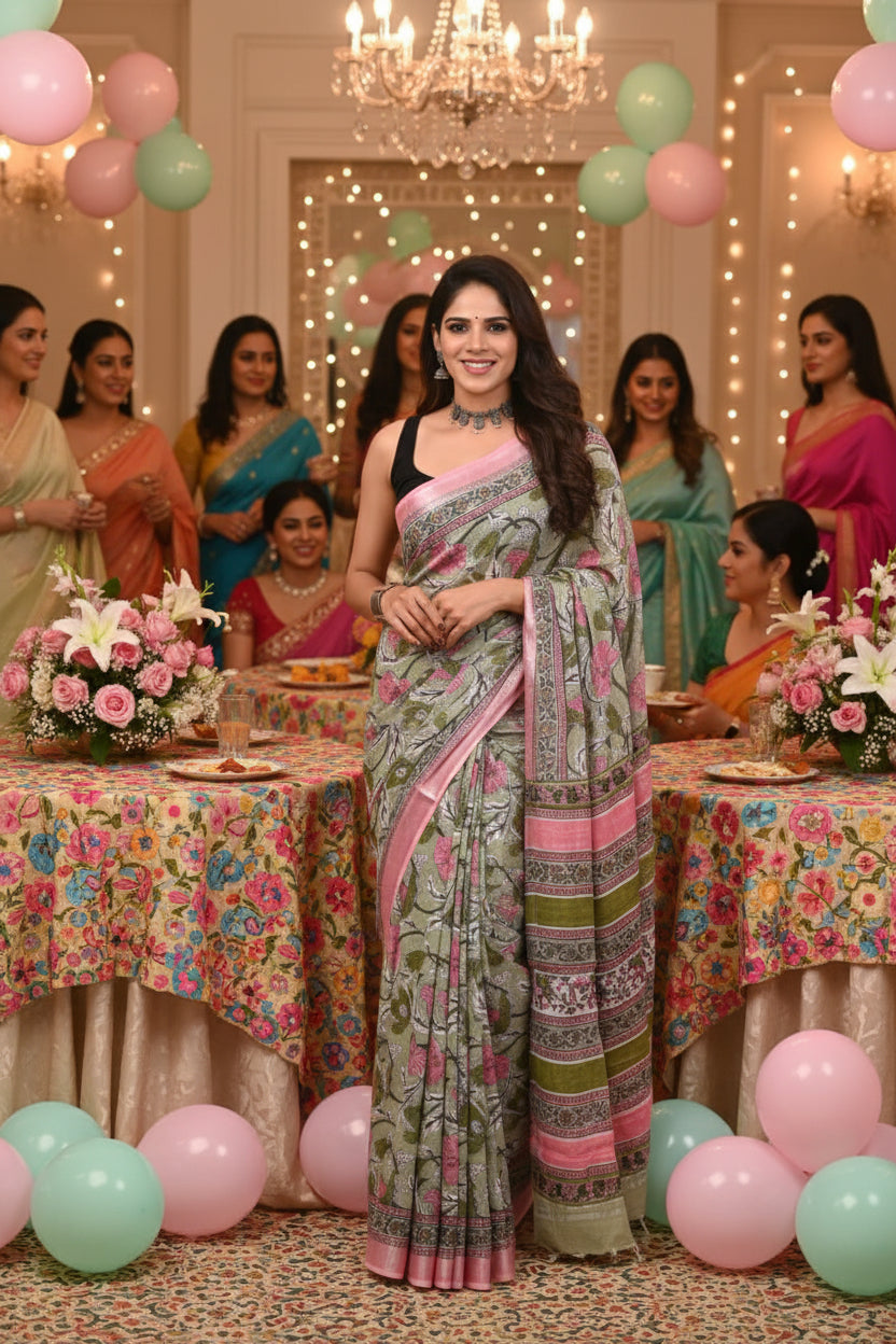 Linen Cotton Hand Block Printed Saree - Sanganeri Green