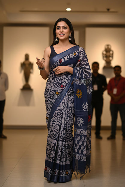 Linen Cotton Hand Block Printed Saree - Blue Batik